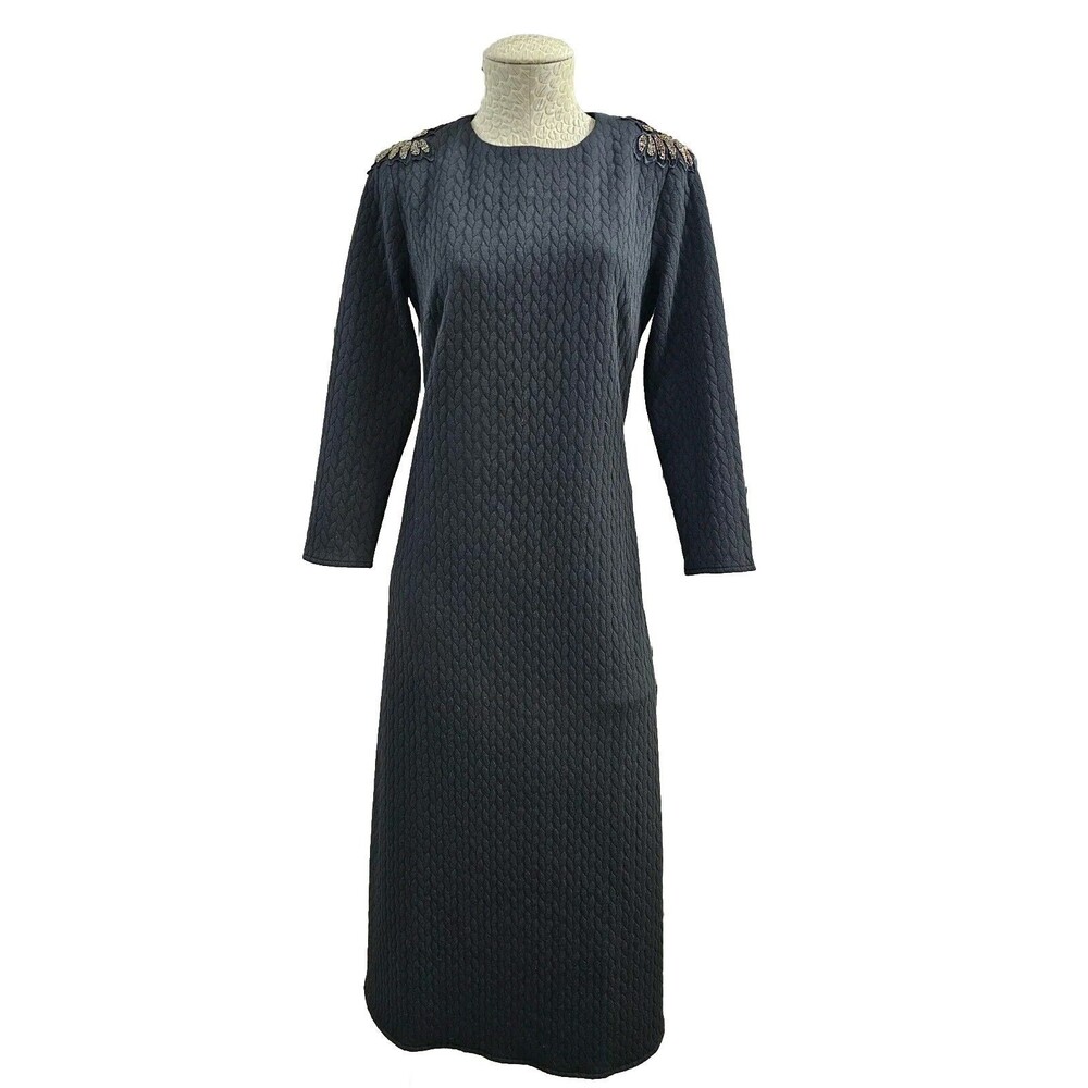 Tuckernuck Harper Black Beaded‎ Quilted Midi Dress 3/4 Sleeves Womens Medium NEW